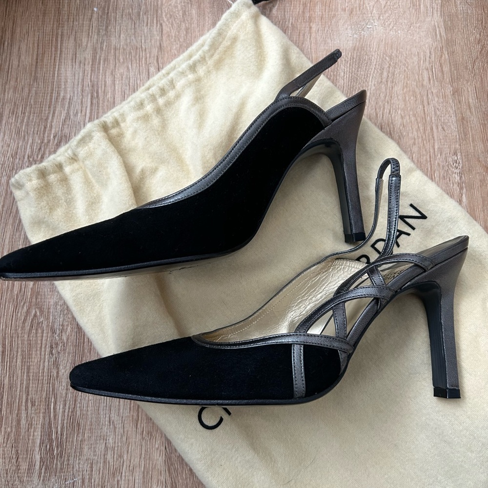 Charles Jourdan Paris slingback heel black metallic strappy slingback pointy toe